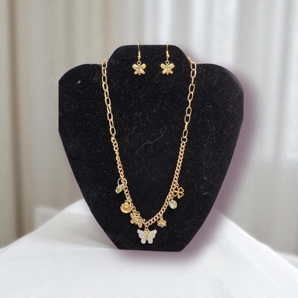 Gold Butterfly Charm Necklace Set w/ Earrings| Available In Several Colors - Picture 14 of 15